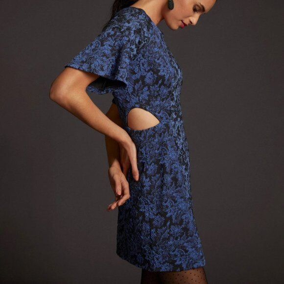 Anthropologie Jacquard Blue & Black Cut-Out Mini Dress NWT Size 10 - Picture 2 of 14